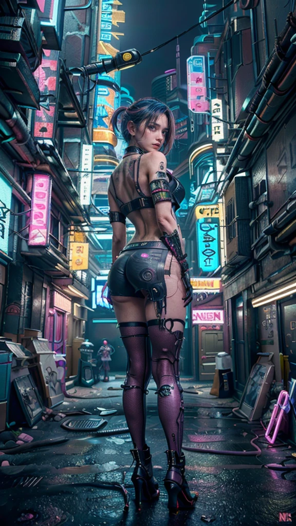 (tabletop, best quality, highest quality, official art, beautiful, aesthetic:1.2),(one girl:1.4),full body,([pink|blue] hair:1.5),highly detailed,(fractal art:1.3),(colorful:1.5),best detail,(mechanical modification:1.3),(modified:1.2),maiden,(complex mechanical conduit inserted in back:1.5),catheter,(neon background:1.4),(neon city:1.75),night,big breasts,(gothic_lolita:1.2),high heels,(:0.75),make up,blush,(cyberpunk:1.4),((looking at viewer:1.3)),((thinking back)),Sofia Boutella, brunette, tan, huge , Nikon D850 film stock photos with 4 Kodak Portra 400 cameras F1.6 1 Lens, Rich Colors, Ultra-Realistic Textures, Dramatic Lighting, UnrealEngine, Trending on Artstation, Cinestill 800,