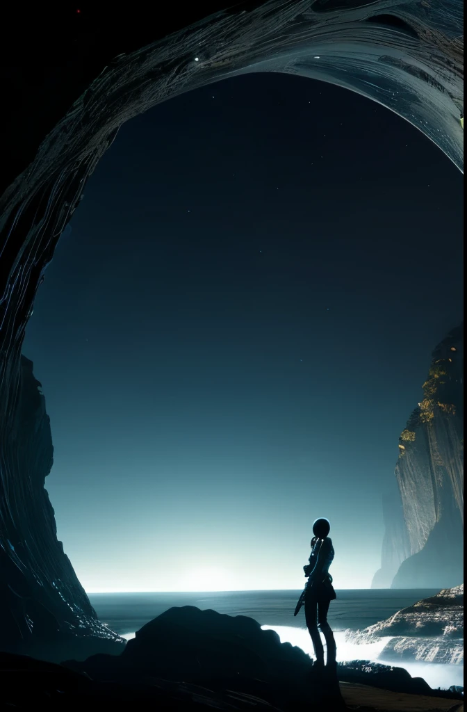 Beautiful Female Xenomorph, photorealistic style, creature, sci-fi, dark, sleek texture, shiny exoskeleton, biomechanical design, elongated head, elongated jaw, sharp teeth, piercing black eyes, slender body, biomechanical tail, translucent membrane, eerie atmosphere, lush alien landscape, vibrant flora, mysterious rock formations, atmospheric lighting, cascading waterfalls, ethereal mist, distant alien sky, captivating celestial bodies