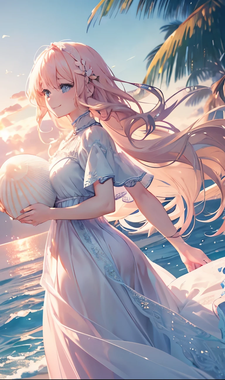 Delicate and beautiful CG art),(Highest quality, Very detailed, High resolution),(Dynamic Angle, Dynamic Lighting),(One character),(Long pink and blonde hair), blue eyes, Beautiful Face), 1 girl, (Long sideburns, plant, smile, Blue long dress, 3d, Ocean, water, Beach ball, shell, sunny, the wind is strong