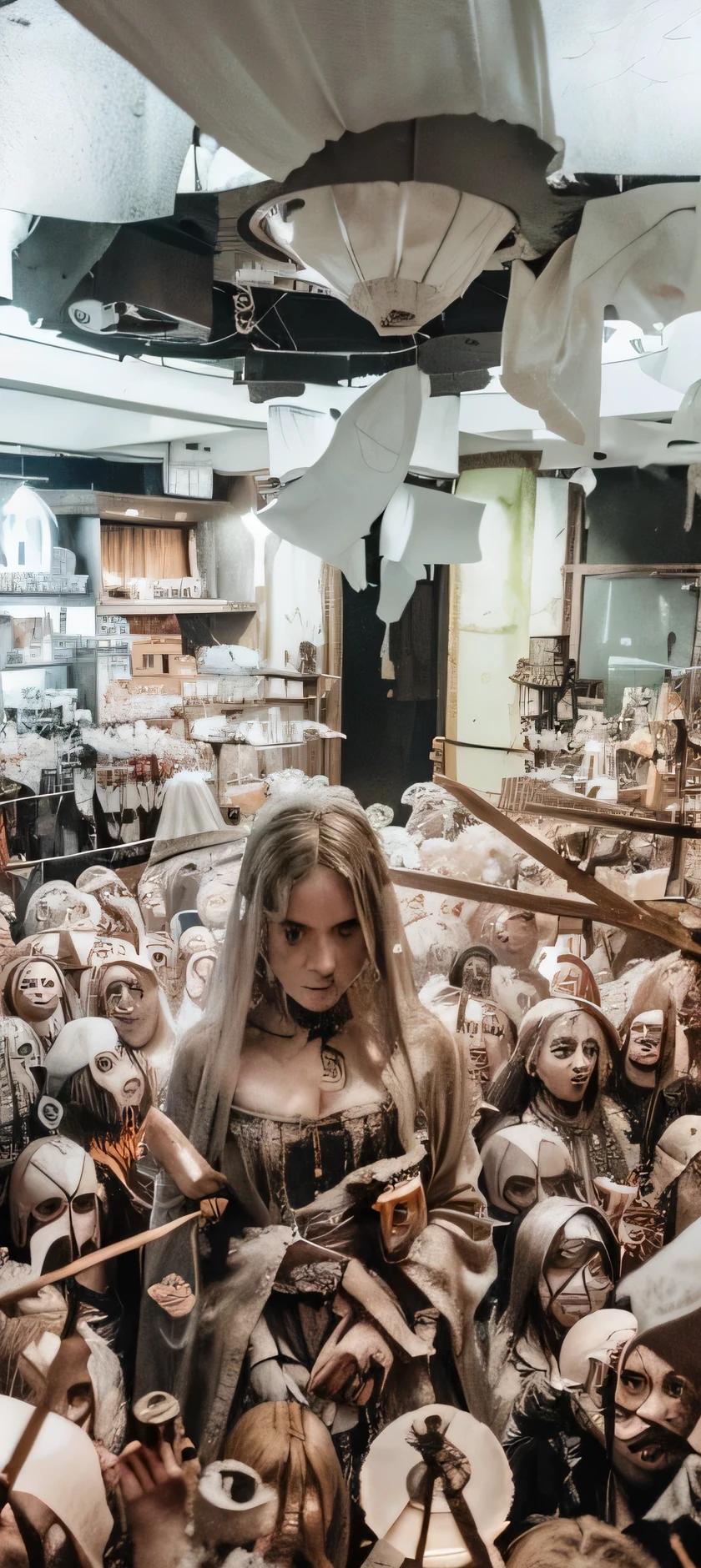 (Best quality, 8k, 32k, Masterpiece, UHD:1.2), "Transform the setting into a chilling horror movie scene. In the center, a girl stands, her face a mixture of fear and determination. Surrounding her, a crowd of ghosts emerges from the shadows, their forms barely discernible but undeniably menacing. The ghosts, with their hollow eyes and twisted expressions, stand upright, their presence exuding an eerie stillness. Each ghost looks creepily at the girl, their gaze filled with a haunting intensity. The atmosphere is thick with an unnatural fog, adding to the sense of dread. The shadows play tricks on the eye, making it seem as though the ghosts are shifting and moving closer. The scene is drenched in a cold, spectral light, highlighting the girl's isolation amidst the supernatural crowd. This setting perfectly captures the terror of being surrounded by relentless, ghostly apparitions, creating a palpable sense of fear and suspense."