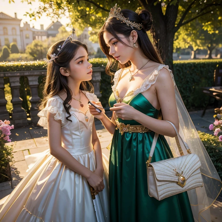 (masterpiece, best quality:1.5), highest quality, High resolution, super detailed, Realists, Upper body photo of a brunette magical girl, detailed and beautiful eyes, beautiful detailed lips, very detailed eyes and face, longeyelashes, shiny satin dress, Holding a magic wand in your hand, Cast a transformation spell, Magic wands present and shiny, Beautiful and colorful makeup, elegant and noble々The jewelry bag, Gardens as background, soft daylight, bright colors, fine brushstrokes, Portrait style, Silk dress fabric, beautiful color palette, glowing skin, First-class rendering, that captures every detail, enchanting atmosphere, subtle shadows and lights, (perfect anatomy:1.2), (The two stunning 14 and 12 year old Magical Girls perform magic together (a transformation with the magic wand:1.4), (magnificent panorama view:1.2)