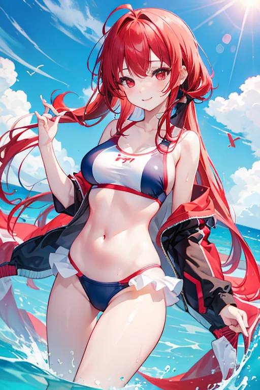 1girl, swimsuit, competition school swimsuit,solo, red eyes, smile, long hair, red hair, breasts, looking at viewer, ahoge,covered navel, , pool, medium breasts, day, ribbon, cowboy shot, outdoors, sky, cloud