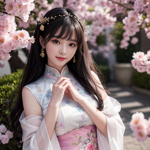 best quality, Delicate face,beautiful visual work, lifelike, eternity, black hair, Long curly hair, blunt bangs, Smile, 在flower园里, flower, Detailed Background, Delicate face,pink blush,cold,((masterpiece))、(top quality)、8k、high detail、Super detailed,21 years old female,Wearing Chinese cheongsam、Seductive and whimsical style、masterpiece、born、Scenes resembling fairy tale illustrations、intricate details和複雜的設計、Beautifully、magic、capricious、 Beautifully、Dream aesthetics、「𝓡𝓸𝓶𝓪𝓷𝓽𝓲𝓬、ethereal、charming、fickle、magic」、realism、Visual effects、FXAA、SSAO、Shader、voiceless、ambient lighting、Tone mapping、High resolution、Ultra high quality、Million pixels、(8K resolution:1.10)、8k、8k以下、8K resolution、high detail、intricate details, (high quality:1.2、masterpiece:1.2、:1.21)、(21 years old female:1.21)、(興奮地Smile)、(Surrounded by a dreamy atmosphere、Model diagram,full-body shot,Normal 2 feet,Don't show your fingers,Japanese fan unfolded under chin
