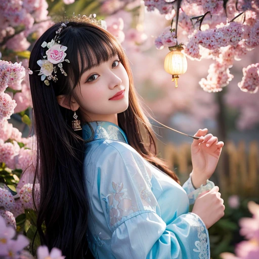 best quality, Delicate face,beautiful visual work, lifelike, eternity, black hair, Long curly hair, blunt bangs, Smile, 在flower园里, flower, Detailed Background, Delicate face,pink blush,cold,((masterpiece))、(top quality)、8k、high detail、Super detailed,21 years old female,Wearing Chinese cheongsam、Seductive and whimsical style、masterpiece、born、Scenes resembling fairy tale illustrations、intricate details和複雜的設計、Beautifully、magic、capricious、 Beautifully、Dream aesthetics、「𝓡𝓸𝓶𝓪𝓷𝓽𝓲𝓬、ethereal、charming、fickle、magic」、realism、Visual effects、FXAA、SSAO、Shader、voiceless、ambient lighting、Tone mapping、High resolution、Ultra high quality、Million pixels、(8K resolution:1.10)、8k、8k以下、8K resolution、high detail、intricate details, (high quality:1.2、masterpiece:1.2、:1.21)、(21 years old female:1.21)、(興奮地Smile)、(Surrounded by a dreamy atmosphere、Model diagram,full-body shot,Normal 2 feet,Don't show your fingers,Japanese fan unfolded under chin