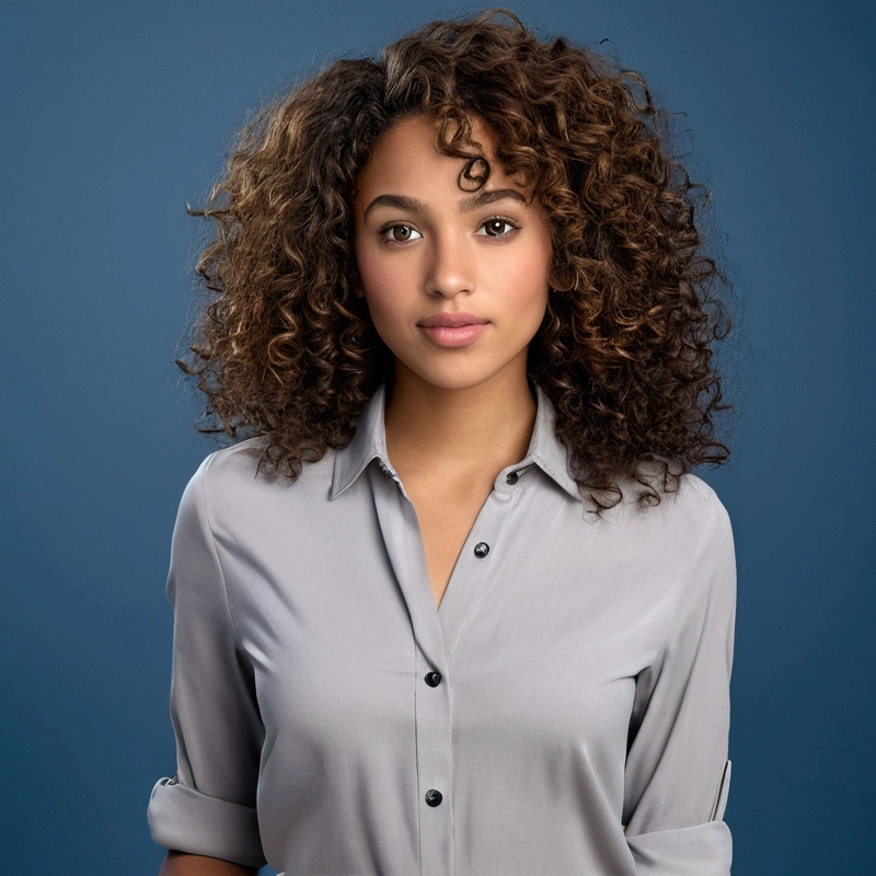 "A 25-year-old female with mixed African and Hispanic features. She has curly brown hair, hazel eyes, a round face, medium lips, and a prominent nose. She is wearing a light grey smart casual blouse with black pants. The background is a dim, blue photoshoot backdrop. UHD, masterpiece, anatomically correct, textured skin, high details, best quality."