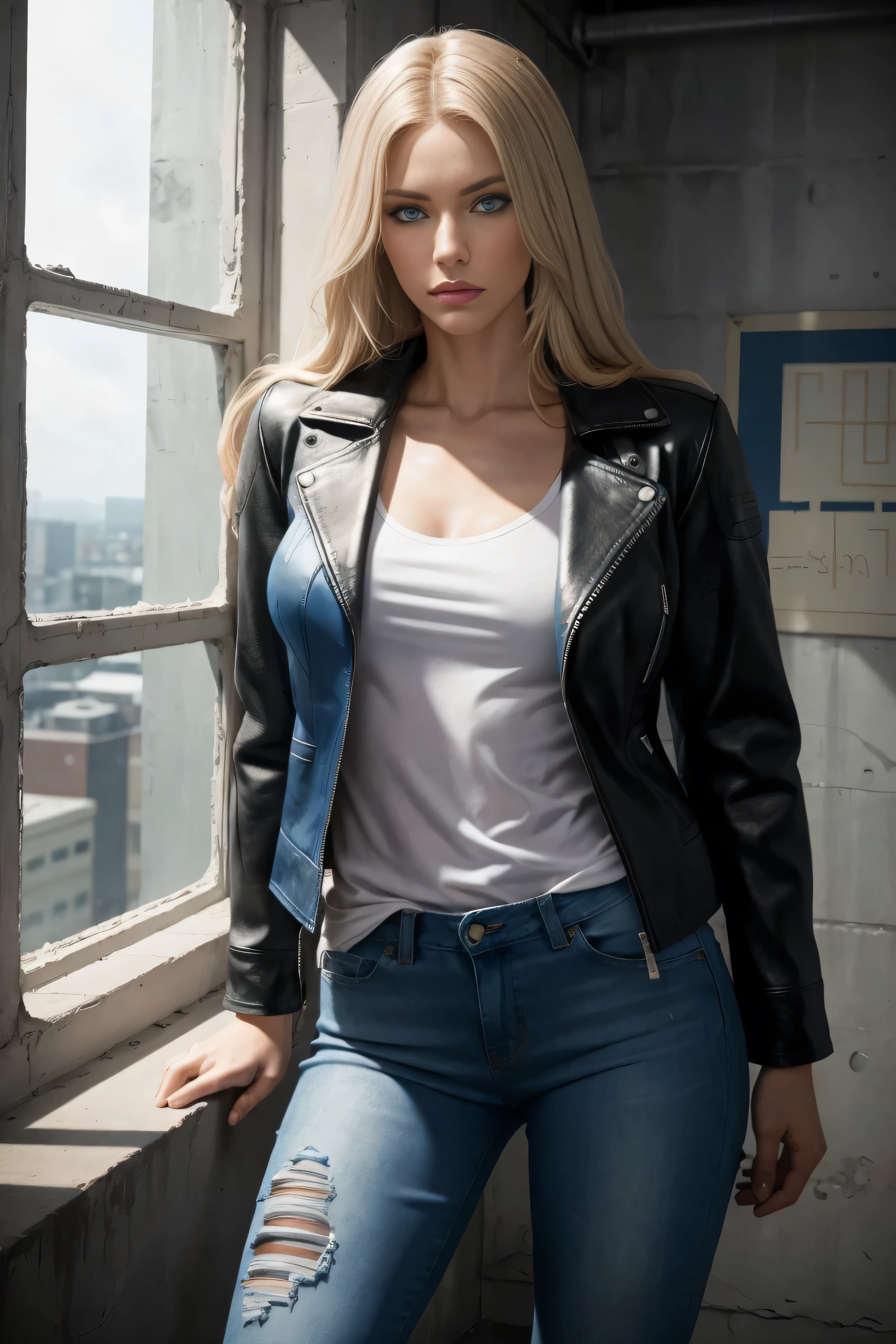 model photo shoot in studio handsome charming 25 years old muscular white skinned woman with long blond hair blue eyes standing in front of a window, hands on head, detailed leather texture, leather jacket white t - shirt, blue jeans, concrete wall night city lights, dark shadows, photorealistic, cinematic, 35mm lens, F1. 4 aperture, iso 100, full - body shot, Ultra - Wide Angle, Expansive landscapes