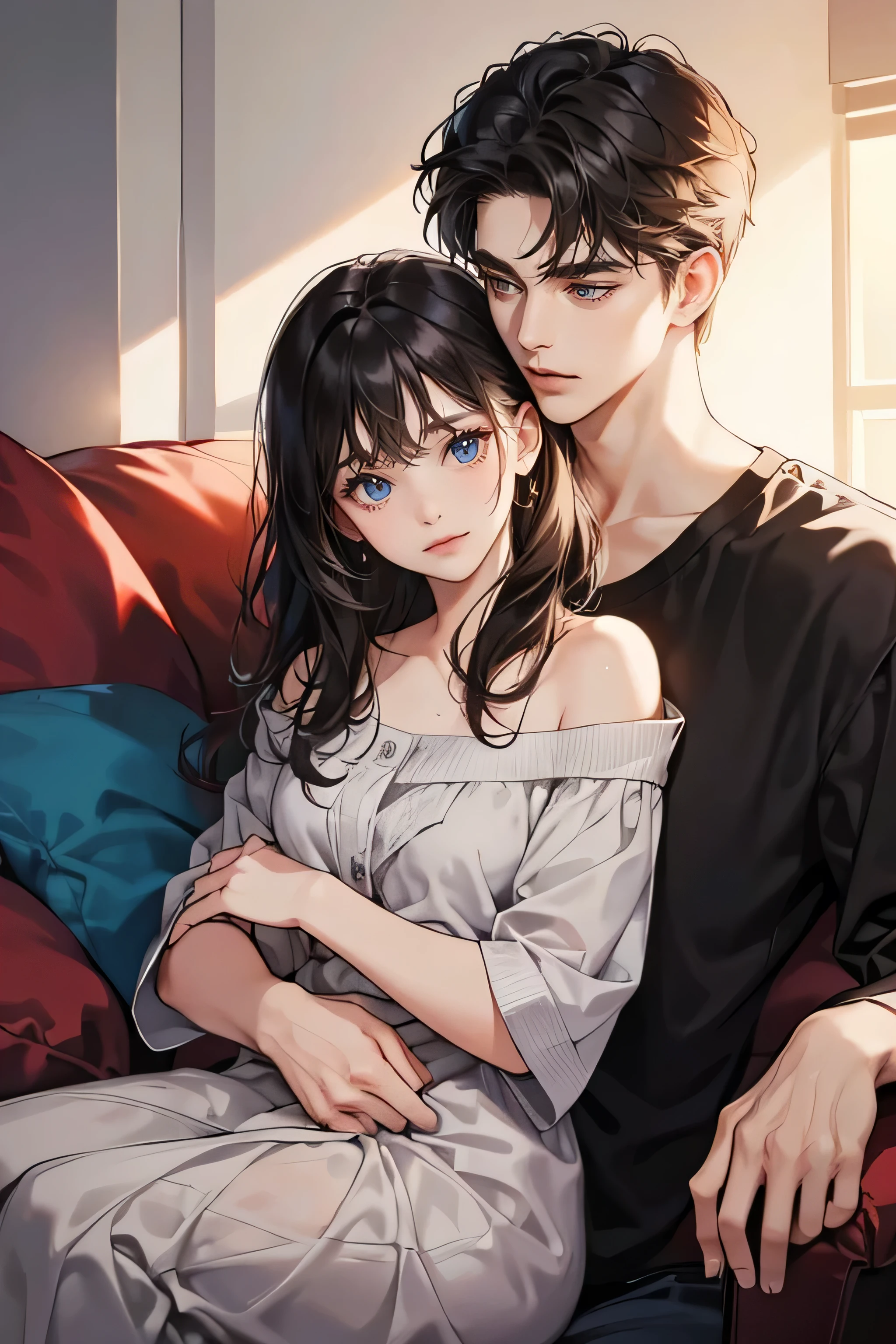 boy and girl, cuddle, cuddling, girl(A dark-haired、Medium hair、Shoulder-length hair、waved hair), detailed eyes, cery detail faces, 4k, super detail