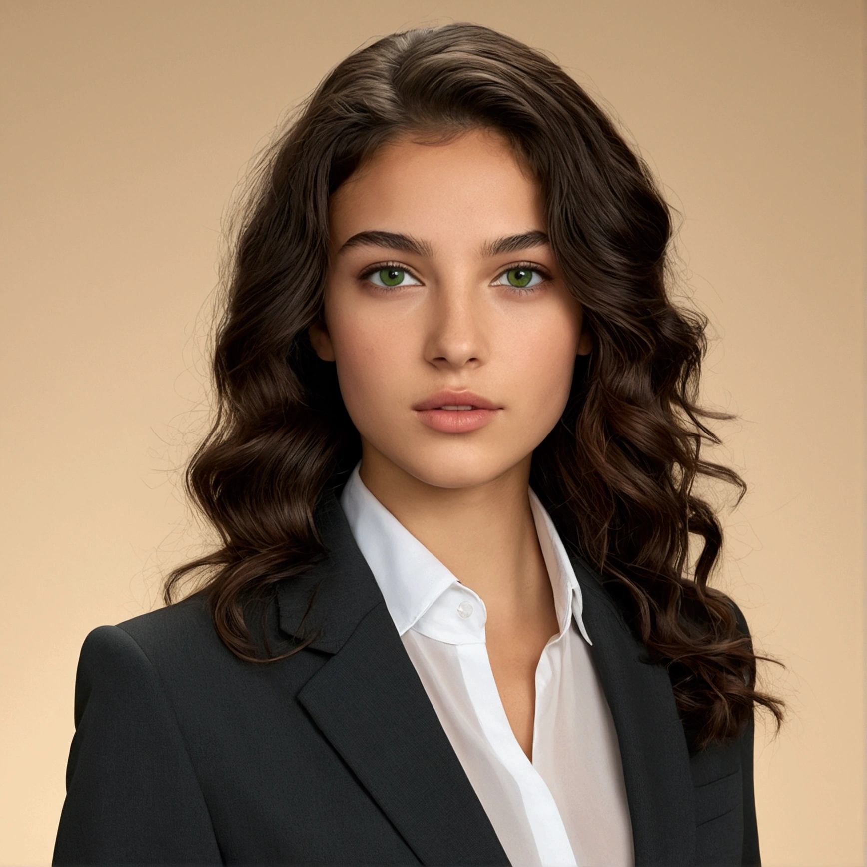 "A 21-year-old female with mixed Middle Eastern and Caucasian features. She has wavy dark brown hair, green eyes, a narrow face, thin lips, and a defined jawline. She is wearing a charcoal grey business suit with a white blouse. The background is a dim, beige photoshoot backdrop. UHD, masterpiece, anatomically correct, textured skin, high details, best quality."