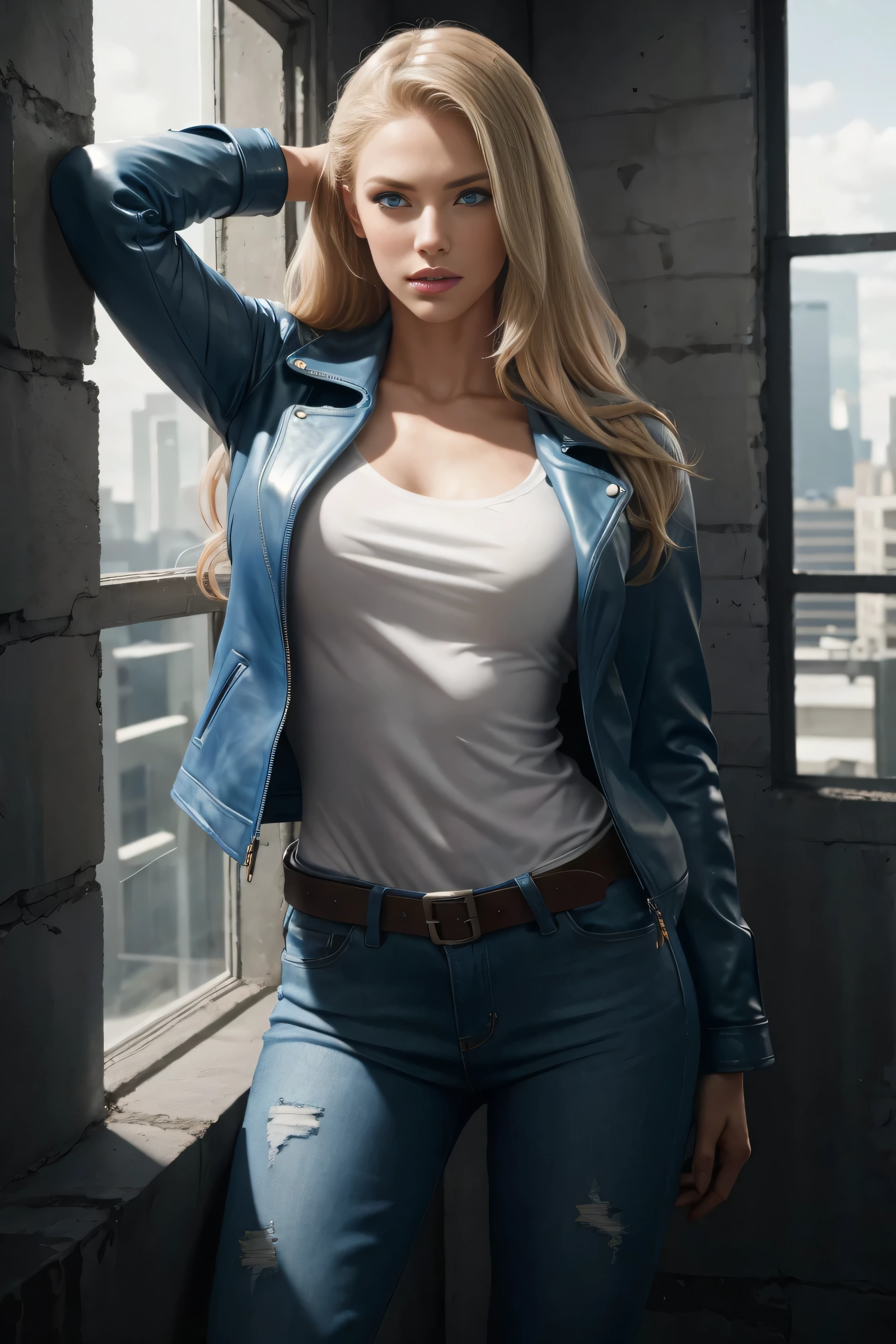 model photo shoot in studio handsome charming 25 years old muscular white skinned woman with long blond hair blue eyes standing in front of a window, hands on head, detailed leather texture, leather jacket white t - shirt, blue jeans, concrete wall night city lights, dark shadows, photorealistic, cinematic, 35mm lens, F1. 4 aperture, iso 100, full - body shot, Ultra - Wide Angle, Expansive landscapes