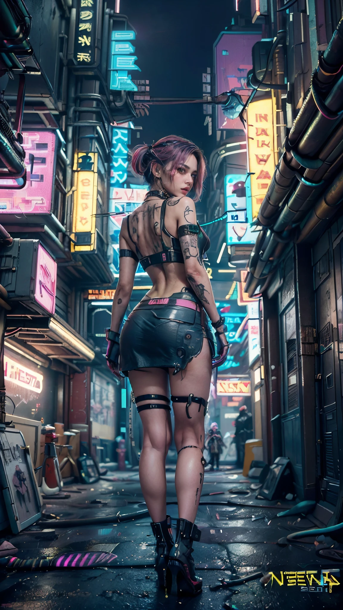 (tabletop, best quality, highest quality, official art, beautiful, aesthetic:1.2),(one girl:1.4),full body,([pink|blue] hair:1.5),highly detailed,(fractal art:1.3),(colorful:1.5),best detail,(mechanical modification:1.3),(modified:1.2),maiden,(complex mechanical conduit inserted in back:1.5),catheter,(neon background:1.4),(neon city:1.75),night,big breasts,(gothic_lolita:1.2),high heels,(:0.75),make up,blush,(cyberpunk:1.4),((looking at viewer:1.3)),((thinking back)),Sofia Boutella, brunette, tan, huge , Nikon D850 film stock photos with 4 Kodak Portra 400 cameras F1.6 1 Lens, Rich Colors, Ultra-Realistic Textures, Dramatic Lighting, UnrealEngine, Trending on Artstation, Cinestill 800,