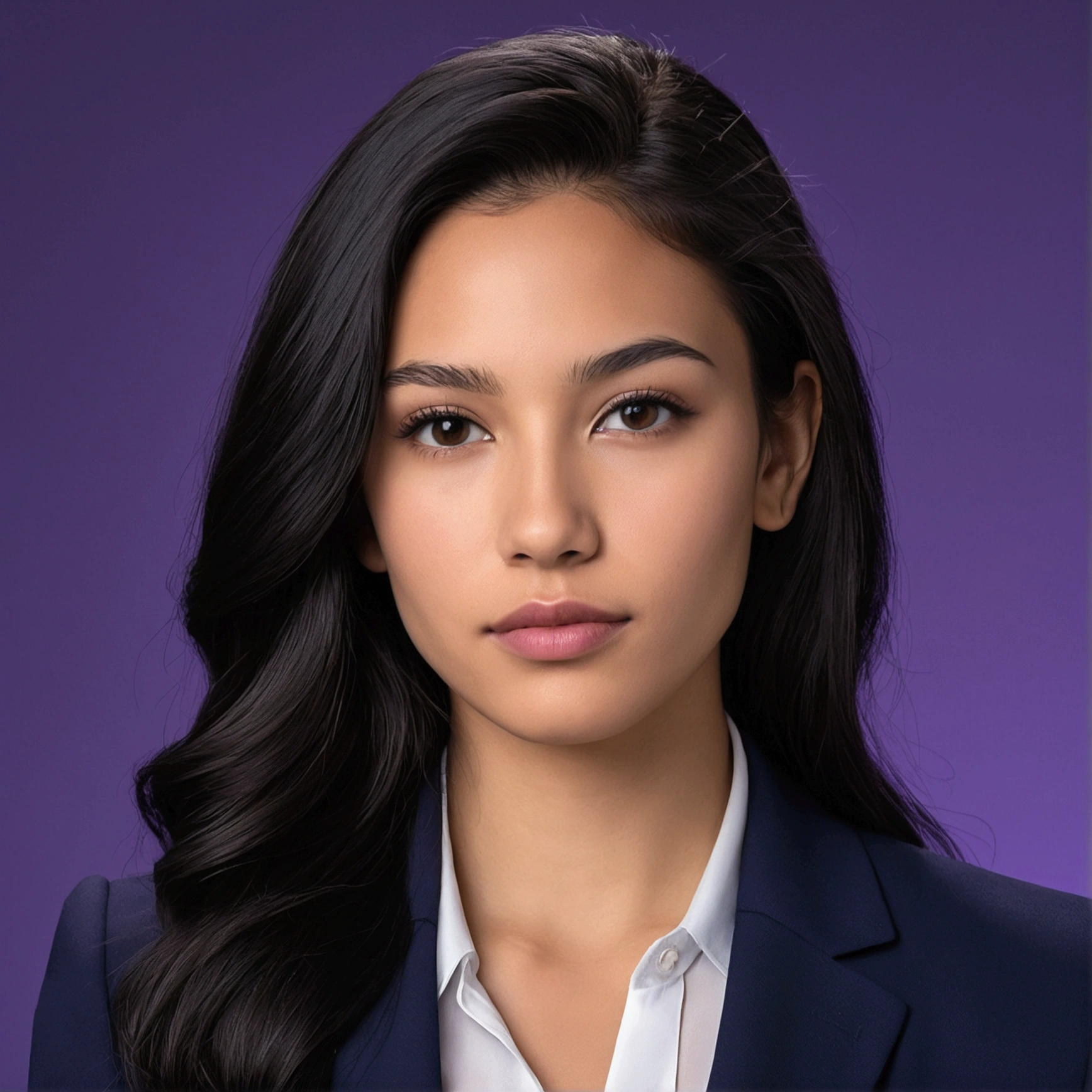 "A 23-year-old female with mixed Hispanic and Native American features. She has long black hair, brown eyes, high cheekbones, and medium lips. She is wearing a dark blue business suit with a white blouse. The background is a dim, purple photoshoot backdrop. UHD, masterpiece, anatomically correct, textured skin, high details, best quality."