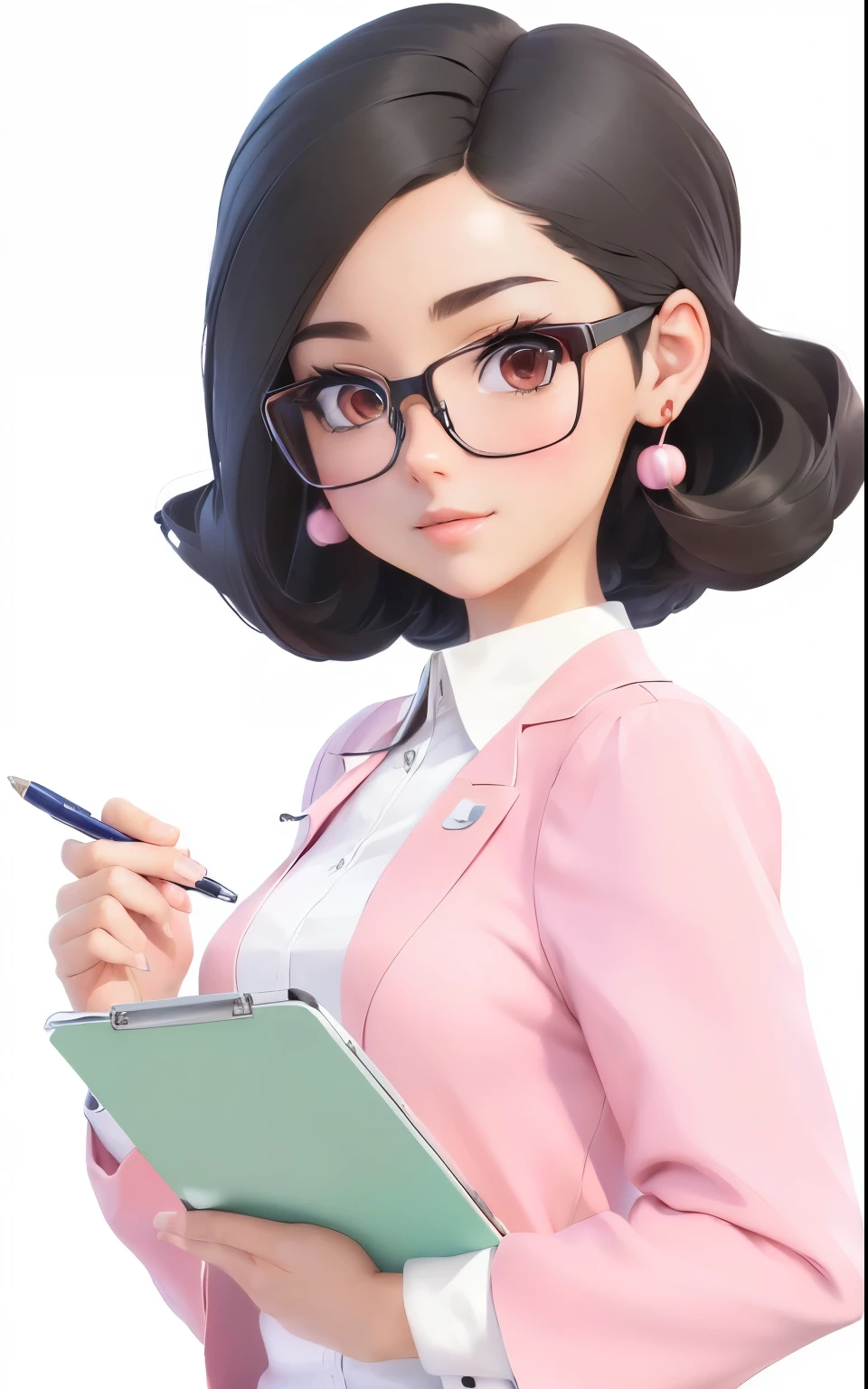 Cartoon girl in glasses holding a clipboard and a pen, stylized portrait formal pose, character artist, very detailed character, Close-up characters, cartoon style illustration, Digital Character Illustration, Animated Characters, 2D Illustration, 2D Illustration, High-quality character design, Stylized anime, Lovely characters, Cute 3d rendering, Authorjeonseok lee, Smooth anime CG art