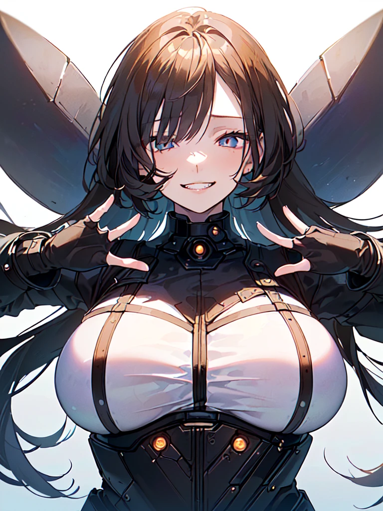 (((masterpiece, Highest quality, 1girl, 20-year-old woman, Beautiful attention to detail:1.6, Upper Body, Anatomically correct, flat lighting, futuristic fashion, natural fingers, empty eyes, smirk, show teeth, Very large breasts))), bewitching, long hair