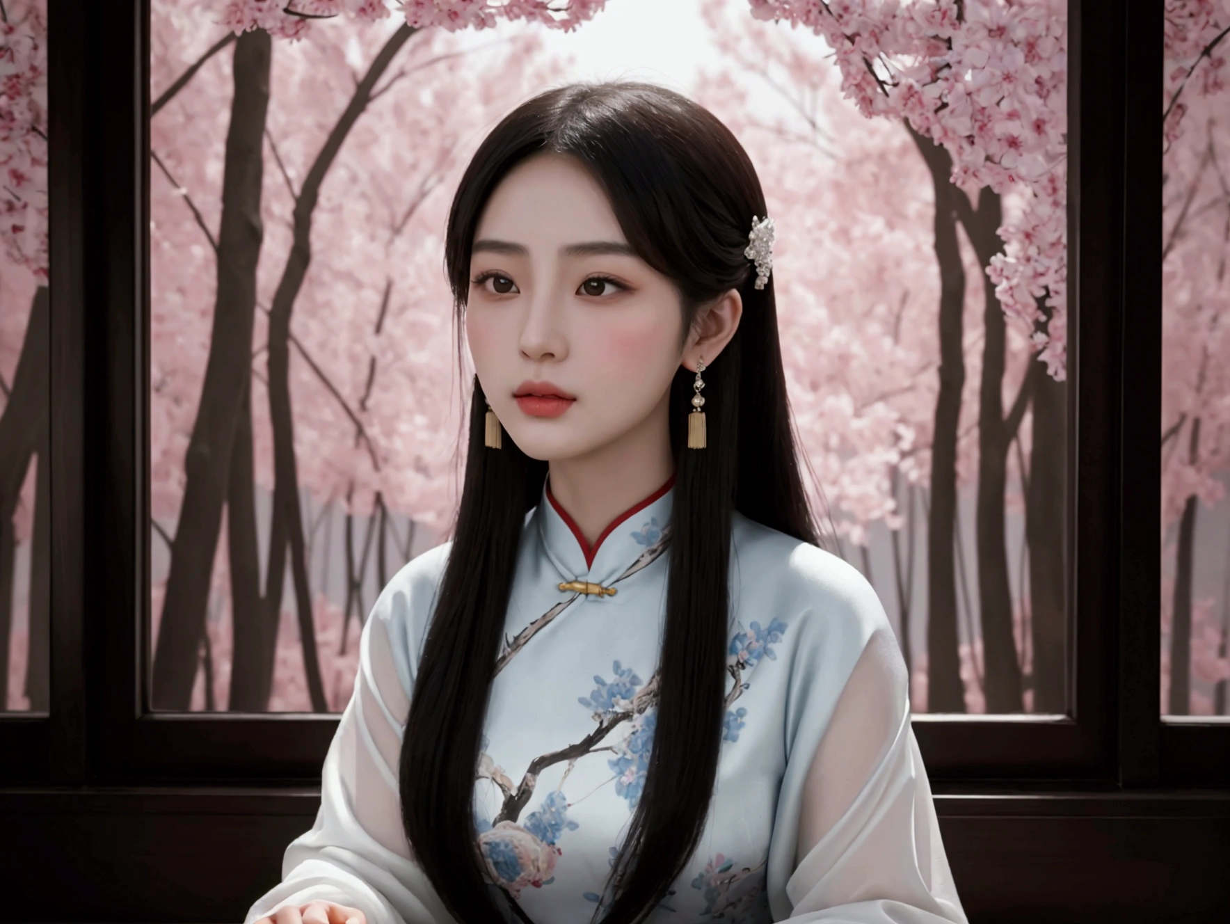 Beautiful Chinese woman with long straight hair wearing white gloves and a blue-purple cheongsam against a street background, photorealistic, in the style of high-definition photography, with a perfect figure body shape, showing beautiful face details, in high definition, high resolution, high detail, high quality --ar 1:2 --stylize 750