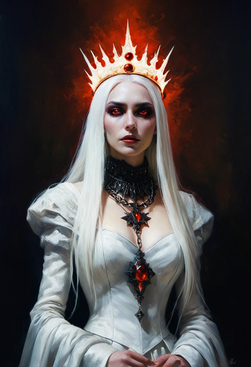 painting of a not emotional and cold Undead queen, spiked crown of hellfire, glowing red eyes, ((long white hair)), ((full length)), dressed in a closed formal suit, hyper-realistic, by Brom: Ultra-detailed of a corpse-pale queen. Elaborate crown of blackened metal spikes, each tip flickering with hellfire. Eyes blaze with intense red light, pupils like dying stars. Skin texture meticulously rendered, showing decay and otherworldly preservation. holds chains, metal collar in hands, Dark, tattered royal garments with intricate, shadowy patterns. Background of smoldering brimstone and distant, tortured souls. Brom's signature style of gothic horror mixed with dark fantasy elements.(intricate details), cinematic, professional, 4k, (((dynamic model pose))), sitting, full body, mesmerizing, dynamic, dramatic, dynamic pose,, cinematic scene, volumetric lights, ultra realistic, in the style of nicola samori
