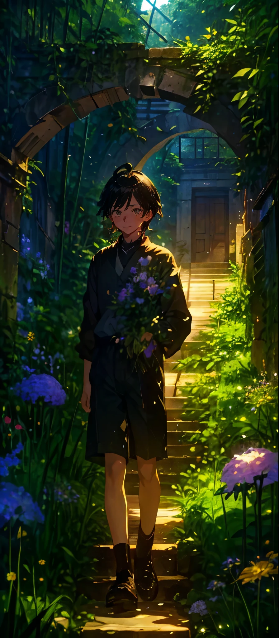 (Mastepiece), (Best Quality), Very detailed, (1 boy:1.5), (Full body solo shot:1.4), Perfect Face, Beautiful Boy, Very detailedな顔,(Black short hair:1.5),(Green Eyes:1.4),(short pants:1.4)、(Lots of butterflies々:1.4)、bird、(ruins、Plants、flower:1.4)、mysterious、Fantasy、beautiful、beautiful、(Close your eyes and laugh:1.3)、(Happy Face:1.4)、A big smile
