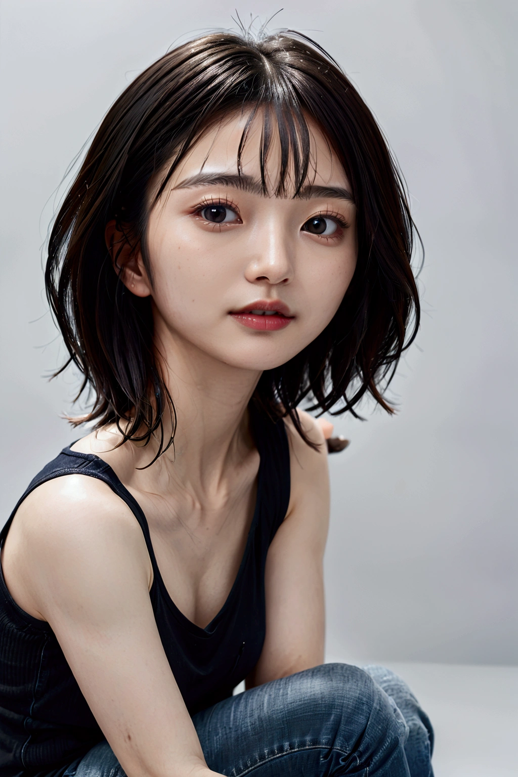 photorealistic, Photography ,BREAK, short hair woman, taking a (selfie:1.5) , (black T-shirts and denim pants), sitting on the sofa, white background, (short hair), BREAK, 8k , LAW , best-quality, masterpiece, hyper realistic detail shiny skin , natural shading , realistic shadow, BREAK (hyper realistic detail shiny skin, detailed skin, detailed hair, ultra sharpness, intricate details), perfect anatomy