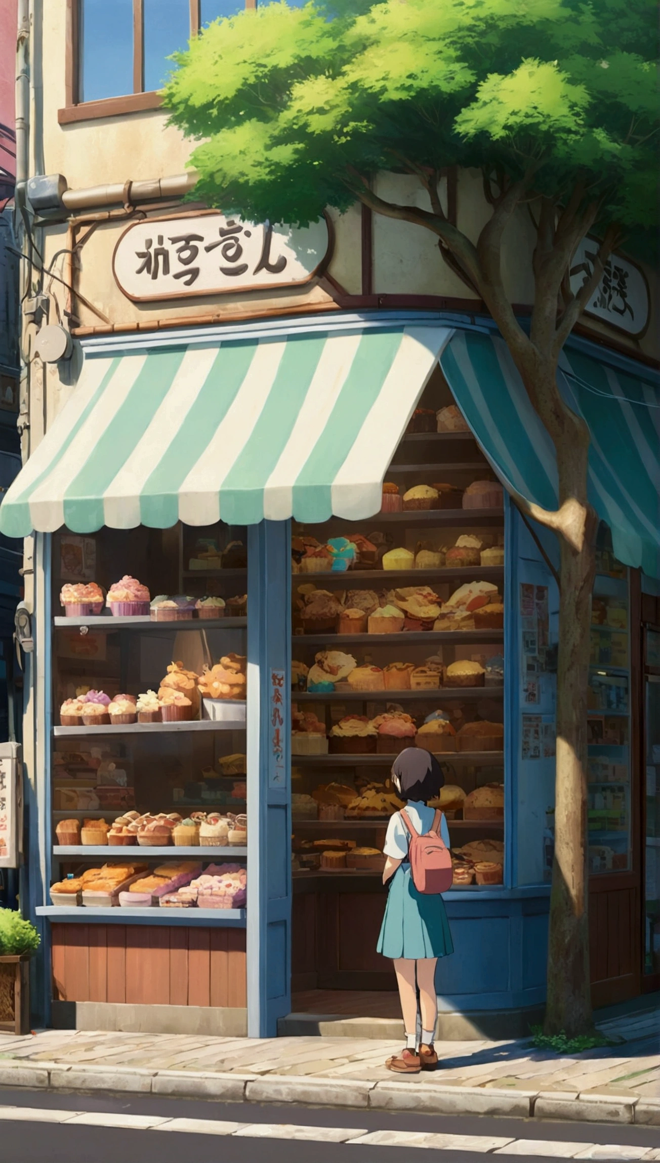 Anime - city street style scene, Woman waiting in front of store, Anime Background Art, Detailed Landscape - Width 672, Anime scenery concept art, Anime-style streetscape, Studio Ghibli Anime Style, Studio Ghibli art style, Studio Ghibli Program, Anime scenery, Studio Ghibli art style, Landscape painting, Beautiful Anime scenery, Forest City Street, Ghibli art style, Cake shop, Cake shop, bakery Cake shop, Makoto Shinkai style, Makoto Shinkai anime, Makoto Shinkai's art style