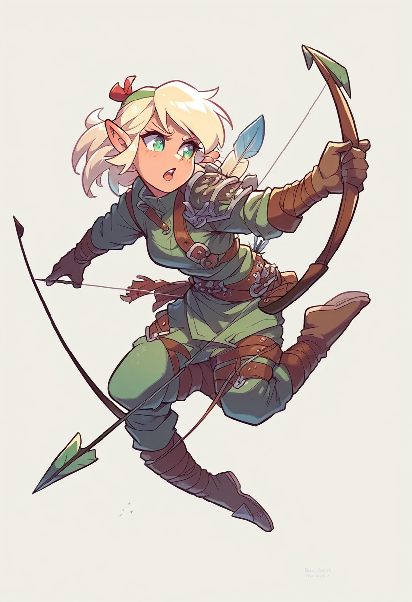 Leather armor elf, shooting an arrow with his bow.