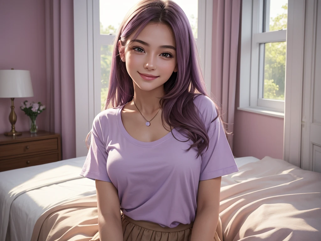 (higher resolution, distinct_image) The best quality, a woman, masterpiece, highly detailed, semi realistic, 21 years old, beautiful, young, handsome, t-shirt, lilac shirt pulled, collar on neck, interior, modern room, window, wake up, morning, blush, smiling