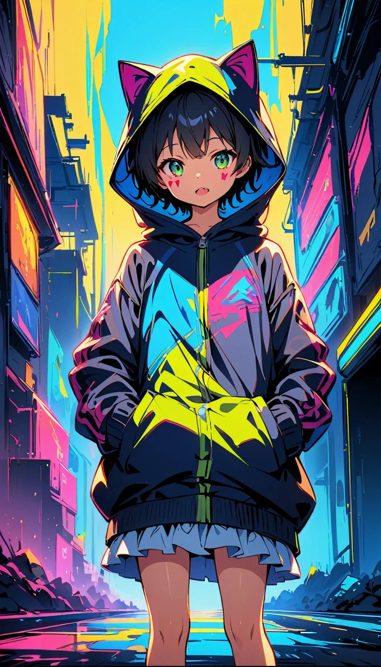 (high qualiy, 8k, 4K, hight contrast, work of art:1.2, 最high qualiy, better aesthetics), (dynamic angle), ((Anime girl standing)), (Lolita,juvenile, :1.3),unexpressive, , Androgynous charm, (really short hair), ((Bblack hair)), Messy hair, greeneyes, cyber punk, plain color, color Art,jacket with a hood, cat hood, Put on the hood, Put your hands in your pockets,(gaping mouth:1.4),tongue out, looking at the audience, facing the front, trunk, coloured background, hight contrast, contrasting colours, cowboy shot,Face painting