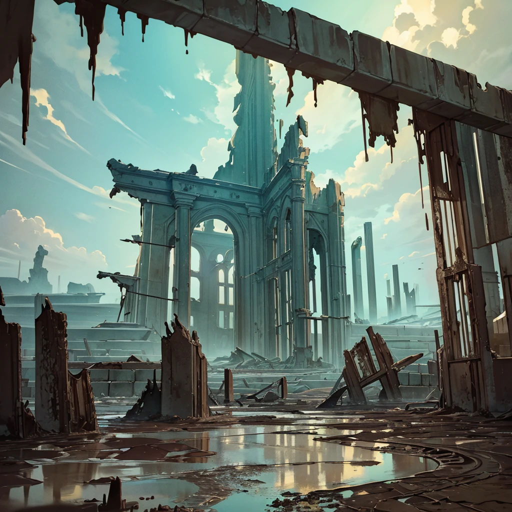 Best illustrations、Best Quality、(No humans、Background only)、((((Sea of mud、Brown Sea、Broken ruins))))、From below