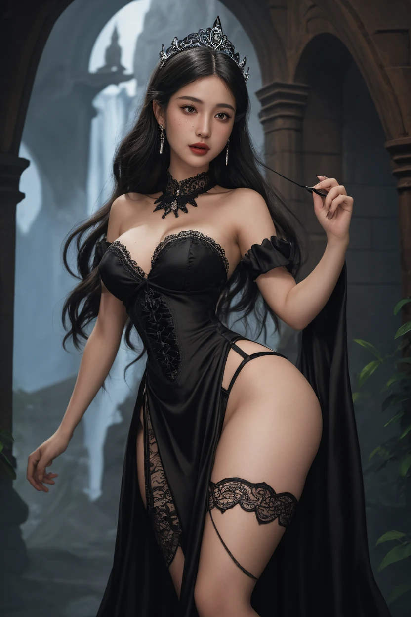 Official Art, Unity 8k wallpaper, super detailed, beautiful, beautiful, masterpiece, best quality,
darkness, atmosphere, mystery, romanticism, creepy, literature, art, fashion, victorian, decoration, intricacies, ironwork, lace, contemplation, emotional depth, supernatural, 1 girl, solo, neck, bust composition,  full body, beautiful girl dressed in black, transparent clothing showing naked body, black clothing with Victorian lace, small breasts visible, transparent fabric showing naked body of beautiful girl, interior of gothic temple, lamp and candles and lantern, antique clock in wall, night light, illuminated face, fantasy, mystery, fog, full moon, cloudy sky, book on marble pedestal, magic book of wisdom, huge mirror with iron frame,  beautiful woman centered in the foreground of the scene, naked lady with black tunic, long black hair, black lipstick, thick and juicy lips, well detailed eyes, golden eyes,