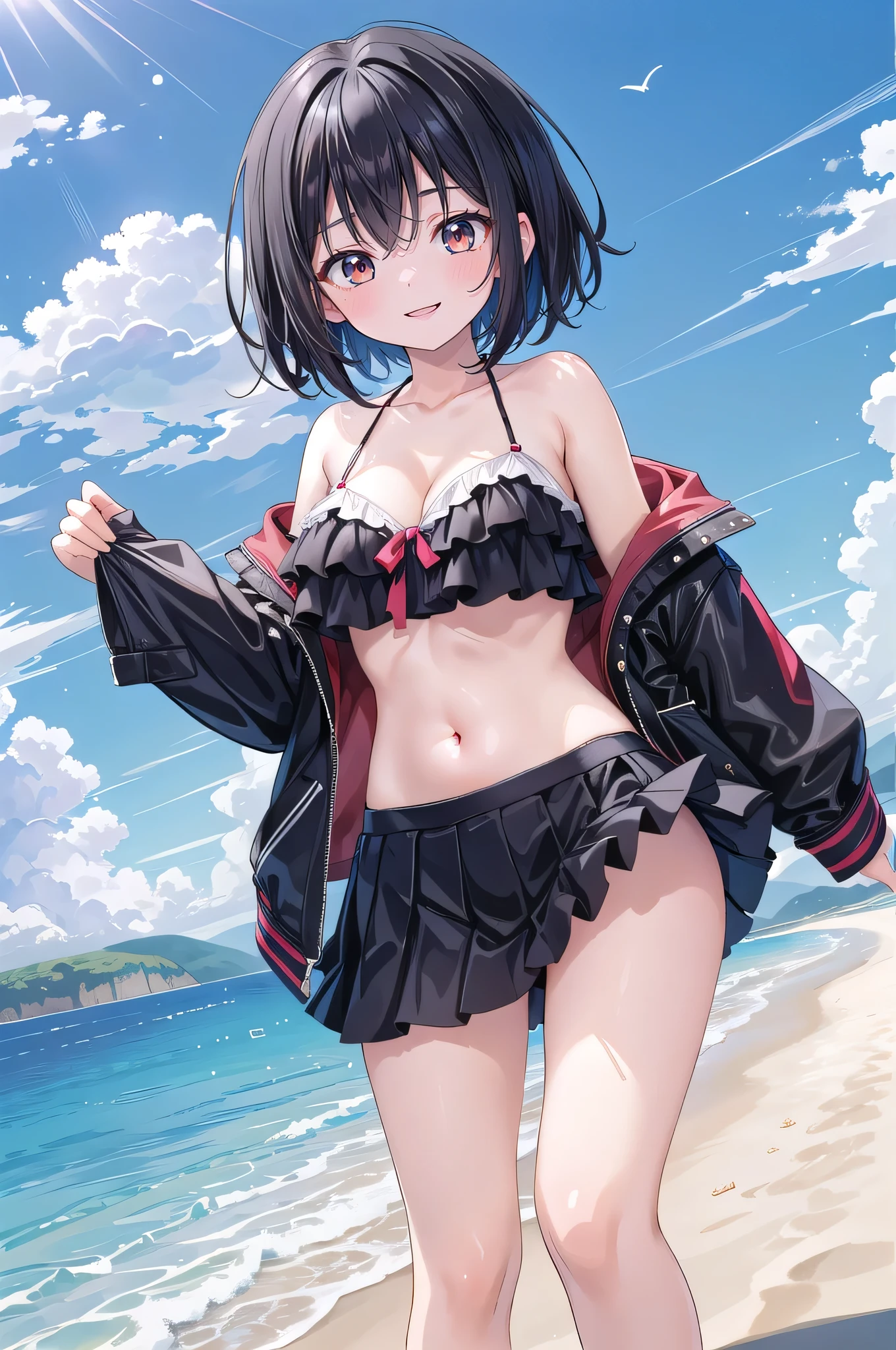 masterpiece,,girl,Black Hair,Red Eye,Short Bob Hair,Medium chest,Ruffled bikini,Empty-handed,Belly button,skirt,Beach,smile,Cheerful,A seductive smile,High sexual desire