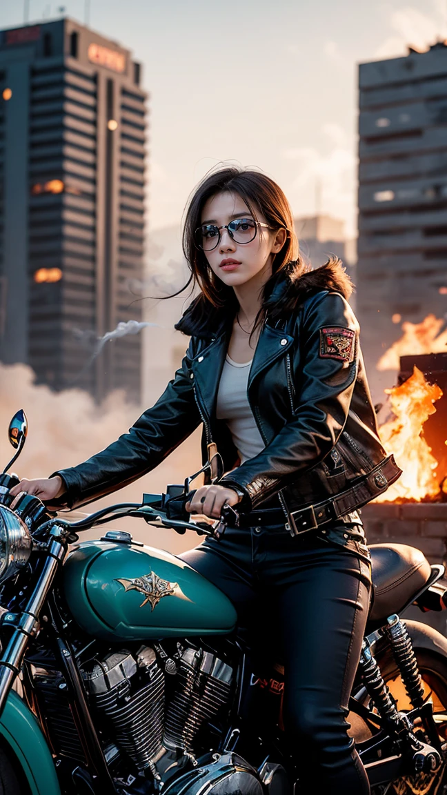 "Create an image of Batrider (Jin'Zakk) from DOTA game, wearing her classic aviator goggles and leather jacket with flame accents, have massive k-cups, riding her bat mount above a burning city with smoke and fire in the background."