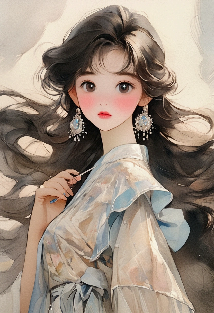 photoPractical, Lip Gloss, painting, Practical, best quality, Ultra-high resolution, depth, Pastel colors, Natural shade, Focus on the face, Face only, Looking at the audience, Long hair, Hair accessories, Black Hair, Brown, detailed eyes, skirt