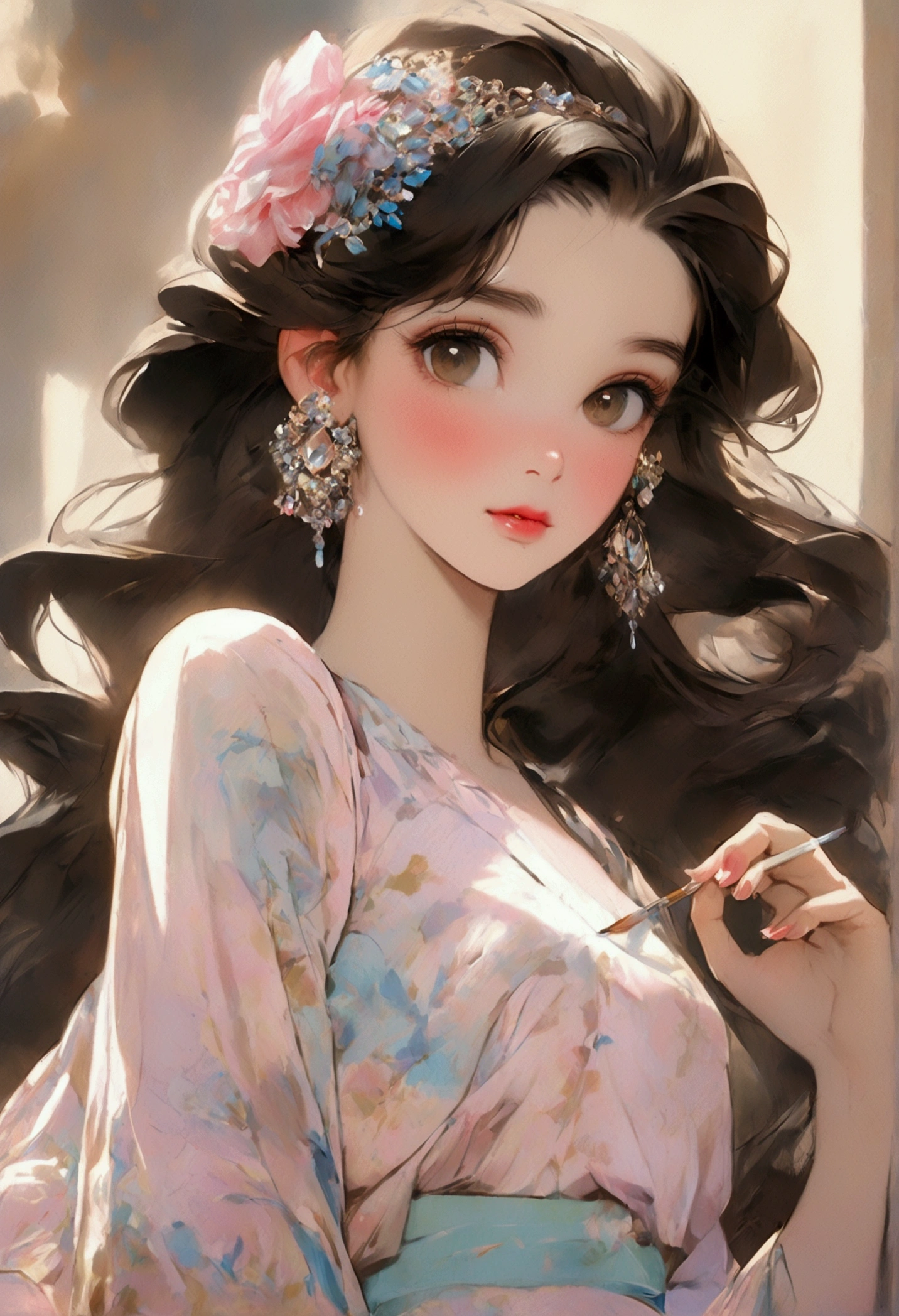 photoPractical, Lip Gloss, painting, Practical, best quality, Ultra-high resolution, depth, Pastel colors, Natural shade, Focus on the face, Face only, Looking at the audience, Long hair, Hair accessories, Black Hair, Brown, detailed eyes, skirt