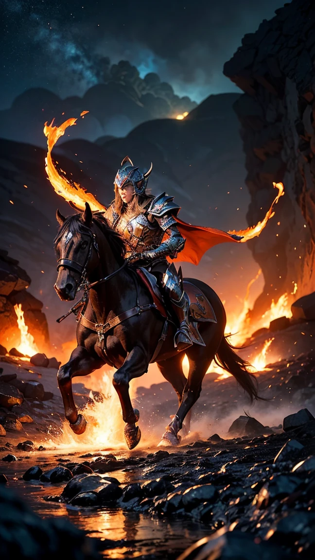 "Depict Batrider (Jin'Zakk) from DOTA game in her Molten attire, with armor made of molten rock and glowing lava patterns, have massive k-cups, soaring above a molten canyon with streams of lava and ash clouds."

