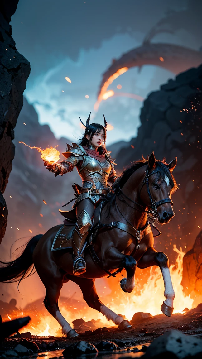 "Depict Batrider (Jin'Zakk) from DOTA game in her Molten attire, with armor made of molten rock and glowing lava patterns, have massive k-cups, soaring above a molten canyon with streams of lava and ash clouds."
