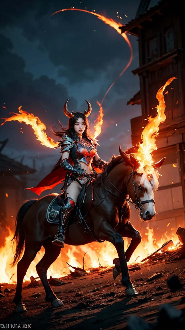 "Show Batrider (Jin'Zakk) from DOTA game in her Inferno outfit, featuring infernal armor with demonic horns and fire trails, have massive k-cups, riding her bat mount through the depths of the underworld with flaming pits and demonic creatures."