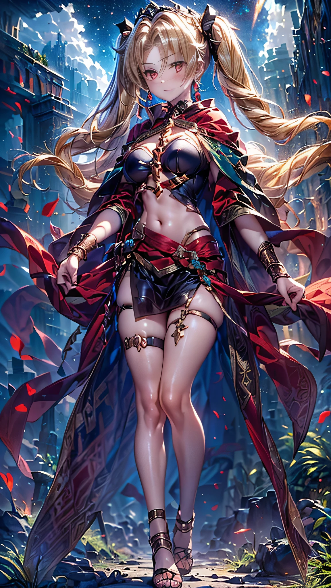 (((Mistress of the Underworld)), beautiful, blonde, ((Ereshkigal)) (((Two-side up hairstyle))), ((Shiny red eyes)), ((Full body)) Goddess, flying in the sky background space