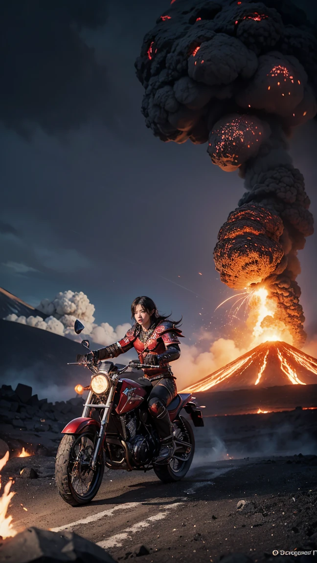 "Illustrate Batrider (Jin'Zakk) from DOTA game in her Volcanic set, with volcanic rock armor and lava flows, have massive k-cups, flying over a volcanic island with erupting volcanoes and ash plumes filling the sky."