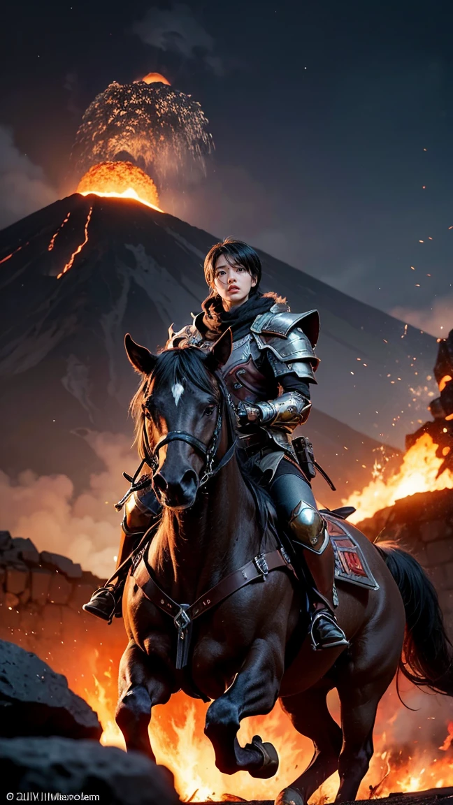 "Illustrate Batrider (Jin'Zakk) from DOTA game in her Volcanic set, with volcanic rock armor and lava flows, have massive k-cups, flying over a volcanic island with erupting volcanoes and ash plumes filling the sky."