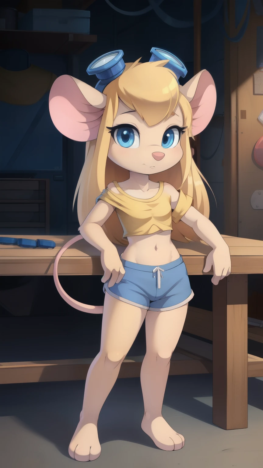 Score_9,score_8_up,score_7_up, source_cartoon, source_furry, Gadget Hackwrench, young, mouse, blonde hair, long hair, narrowed eyes, blue eyes, pink nose, body fur, small breasts, detailed body fur, detailed face, detailed eyes, glistering body, shiny body, gorgeous body, masterpiece, high quality, ((goggles, yellow shirt, one shoulder, midriff, blue shorts)), garage, skinny, :3, full body, feets with three toes, 3 toes, short body, tiny body, cute, anime style, thicker lines, leaning on a table,