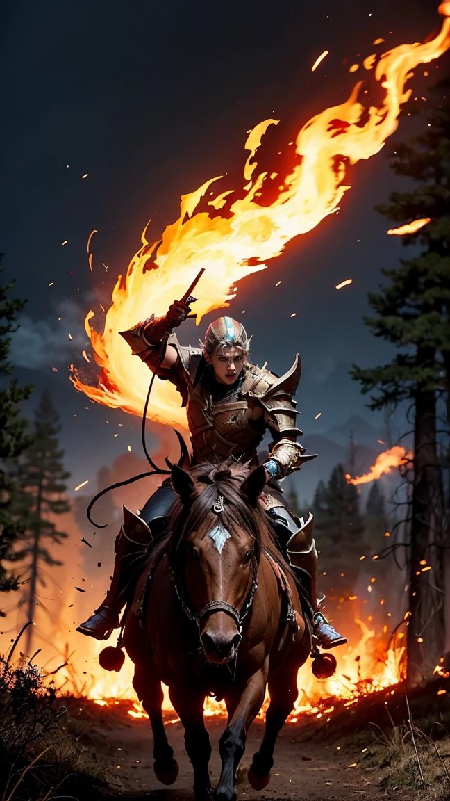 "Depict Batrider (Jin'Zakk) from DOTA game as an Ember Batrider, with ember-infused armor and glowing ember trails, have massive k-cups, soaring above a charred forest with glowing embers and smoke rising from the ground."

