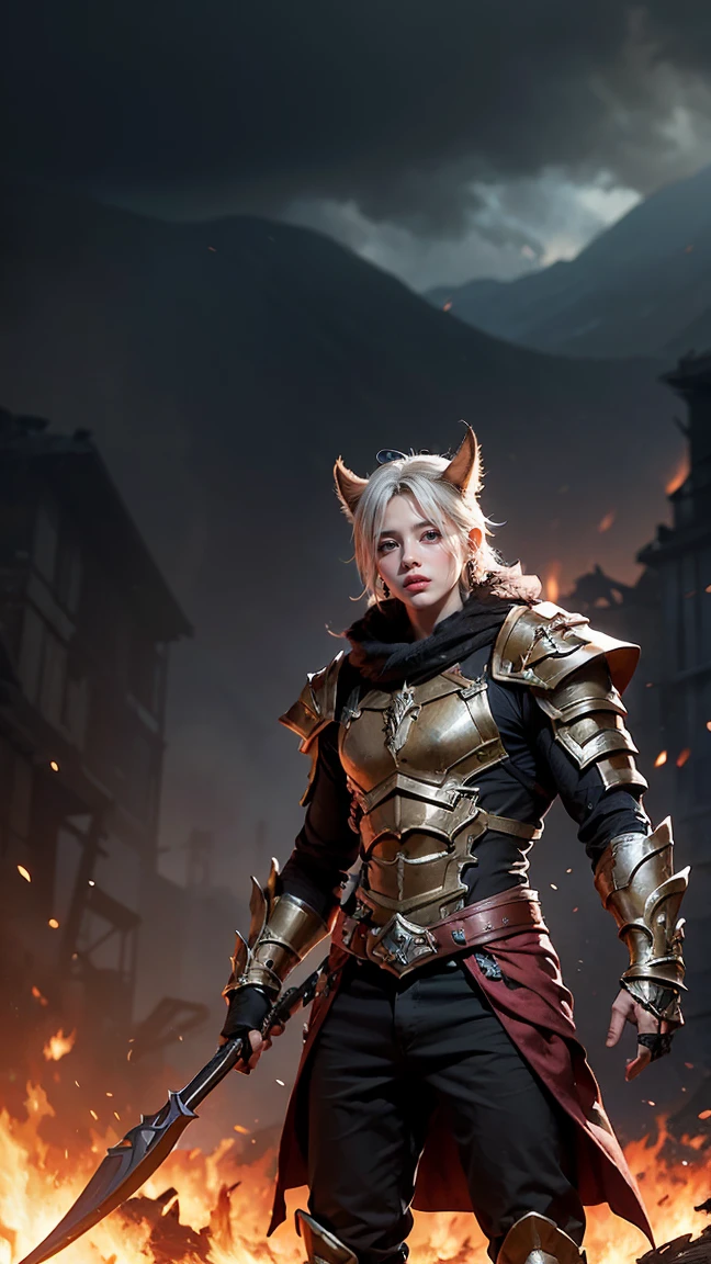"Show Batrider (Jin'Zakk) from DOTA game in her Cinder form, with cinder-covered armor and smoldering cinders, have massive k-cups, navigating a dark, cinder-filled wasteland with burning wreckage and a dark, smoky sky."
