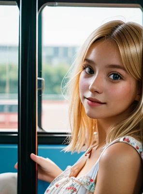 young girl, energetic, blonde, European, rare face, short blouse, summer clothes, in the bus, photographic style, close, looking at me