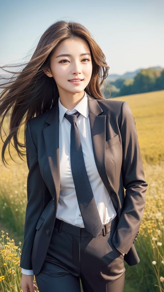 highest quality、genuine、Super detailed、finely、High resolution、8k wallpaper、one beautiful woman、、、light brown disheveled hair、wearing a business suit、sharp focus、perfect dynamic composition、beautiful and detailed eyes、thin hair、Detailed genuine skin texture、smile、model body shape、In a windswept meadow