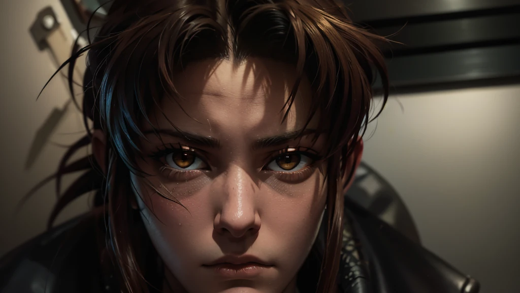 Revy from black lagoon, neon lights, The artwork is rendered in an edgy and realistic style, with high attention to detail and sharp focus. The colors are vivid and contrasted, with a slight desaturation to create a moody atmosphere. shadowy highlights enhancing the overall composition. The medium used is a digital illustration, with a touch of photo-realistic elements to add depth and texture to the image. The final result is a masterpiece in ultra-high resolution,