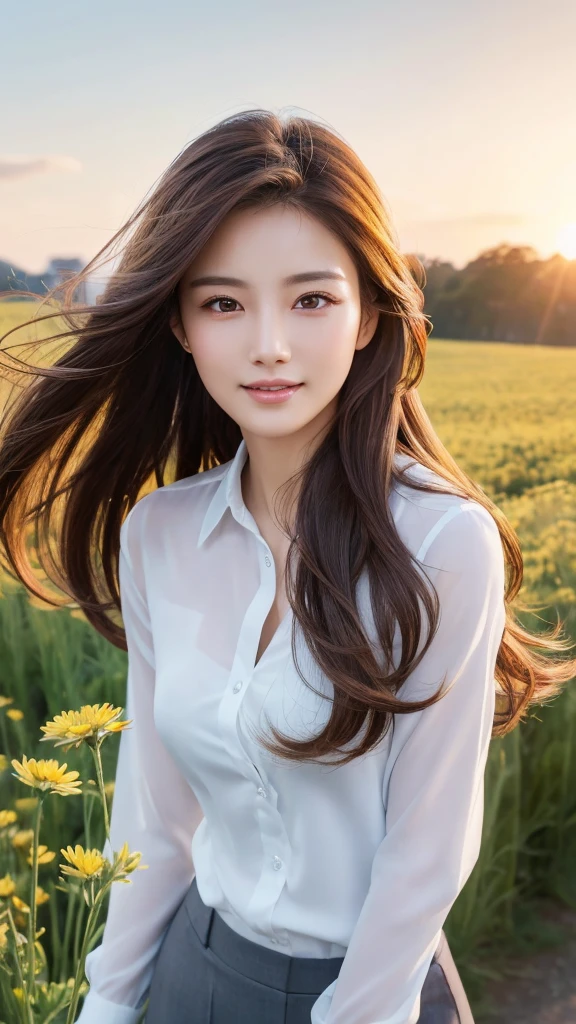 highest quality、genuine、Super detailed、finely、High resolution、8k wallpaper、one beautiful woman、、、light brown disheveled hair、wearing a business suit、sharp focus、perfect dynamic composition、beautiful and detailed eyes、thin hair、Detailed genuine skin texture、smile、model body shape、In a windswept meadow