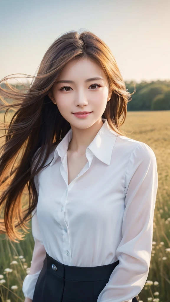 highest quality、genuine、Super detailed、finely、High resolution、8k wallpaper、one beautiful woman、、、light brown disheveled hair、wearing a business suit、sharp focus、perfect dynamic composition、beautiful and detailed eyes、thin hair、Detailed genuine skin texture、smile、model body shape、In a windswept meadow