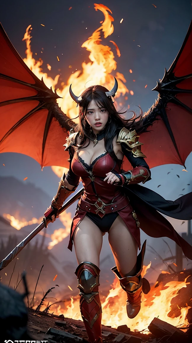 "Illustrate Batrider (Jin'Zakk) from DOTA game in her Blazing outfit, with blazing flames and fiery accents on her armor and bat mount, have massive k-cups, soaring above a battlefield with blazing fires and smoke columns."

