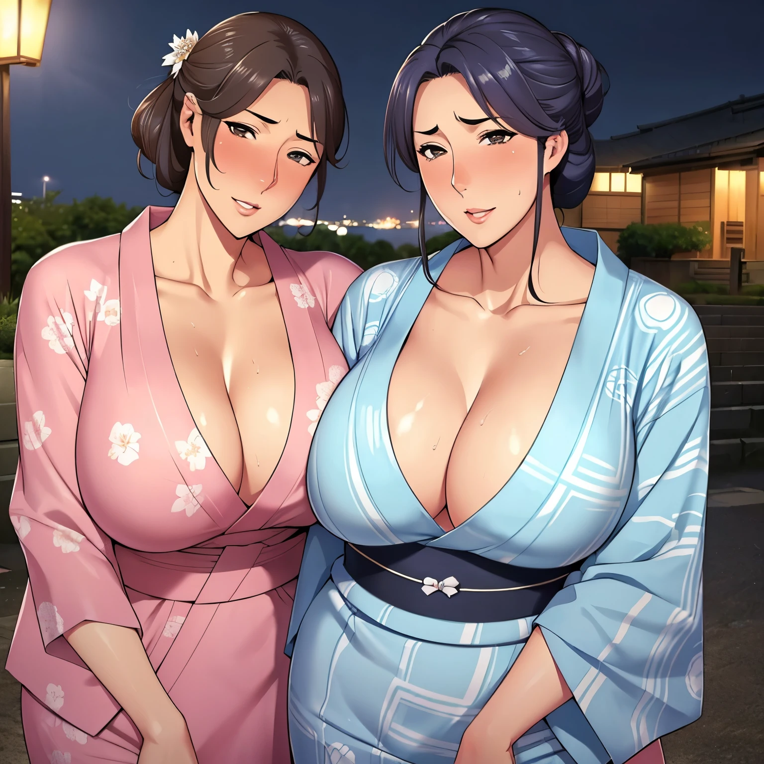 (Highest quality:1.2),(Perfect beautiful face:1.2),(Perfect and beautiful posture:1.2),(Two women standing with their arms around each other,(smile, (Thick eyebrows:1.0), Sweaty Mom:1.0),(Chubby:0.8),(Huge breasts,Cleavage), (Wearing a yukata), Date by the sea at night