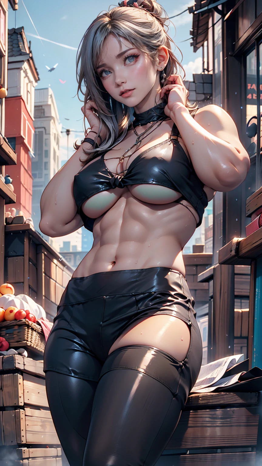 24-year-old female、Silver Hair、Tying up hair((tied hair))、Sexy proportions、Narrow waist、Underboob Top((underboob top))、Lower milk visible、Saggy breasts、Navel visible、Low rise leggings、Stiletto heels、The city after the rain、Rainbow in the sky