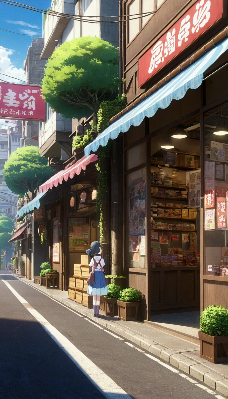 Anime - city street style scene, Woman waiting in front of store, Anime Background Art, Detailed Landscape - Width 672, Anime scenery concept art, Anime-style streetscape, スタジオjibリアニメスタイル, Studio jibリアートスタイル, スタジオjibリプログラム, Anime scenery, Studio jibリアートスタイル, Landscape painting, Beautiful Anime scenery, Forest City Street, jib、front