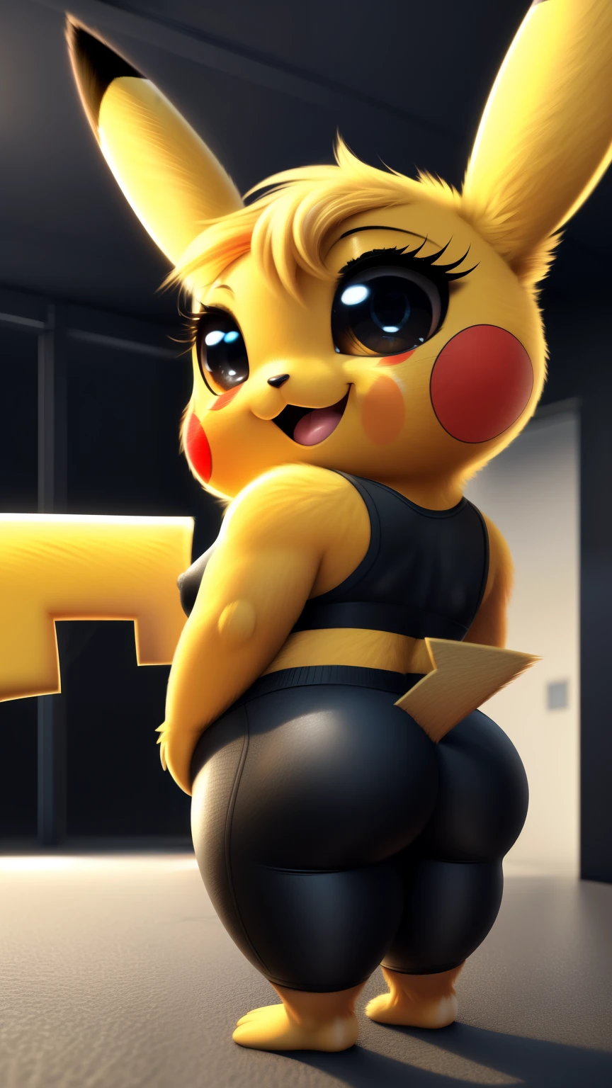 solo (anthro female pikachu:1.25), MACRO,
(black sports bra, black leggings, covered erect nipples, (large boobs:0.5), young, body fur, fur tufts, fur fluff, whiskers, happy, round eyes, closed eyes, big eyes, glistening eyes, big eyelashes, very cute, ((shortstack)), ((BACK)),  full body, very sexy body, very sexy, looking at viewer, (intricate:0.7), (high detail:1.2), (unreal engine:1.3), (sharp focus:1.1), (masterpiece, best quality, 4k, 2k, shaded, absurd res), [ambient light on the belly] closeup, ((full body))